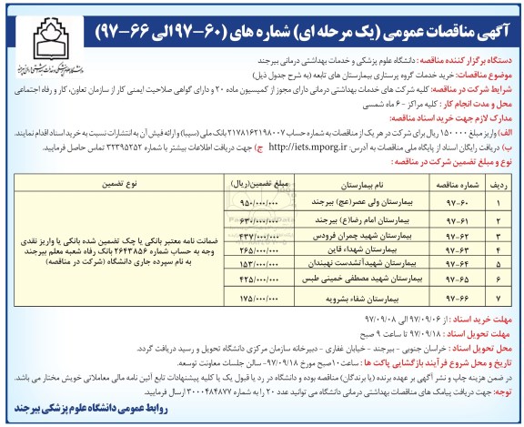 آگهی مناقصات عمومی یک مرحله ای,مناقصه خرید خدمات گروه پرستاری بیمارستان ها