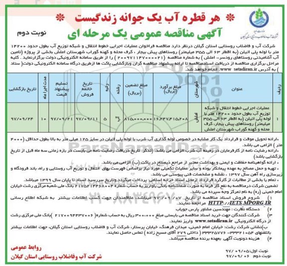 مناقصه ,مناقصه عملیات اجرایی خطوط انتقال و شبکه توزیع... نوبت دوم