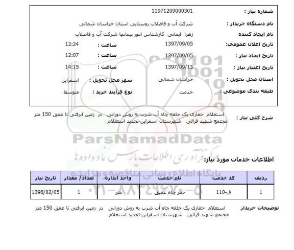  استعلام, حفاری یک حلقه چاه آب شرب