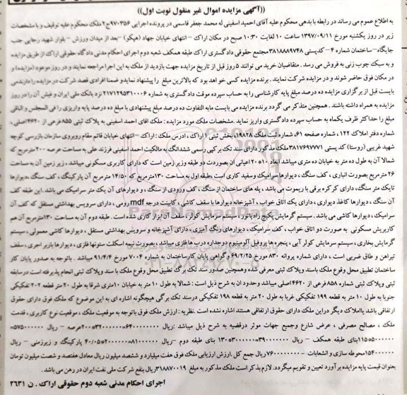 مزایده، مزایده پلاک ثبتی 855 فرعی از 2620 اصلی نوبت اول