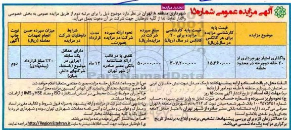 آگهی مزایده عمومی, مزایده واگذاری امتیاز بهره بردازی از 20 خانه دوچرخه در محدوده منطقه- تجدید