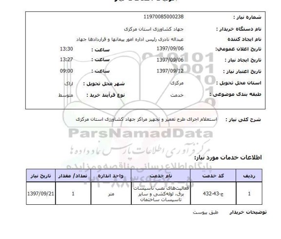 استعلام, اجرای طرح تعمیر و تجهیز 