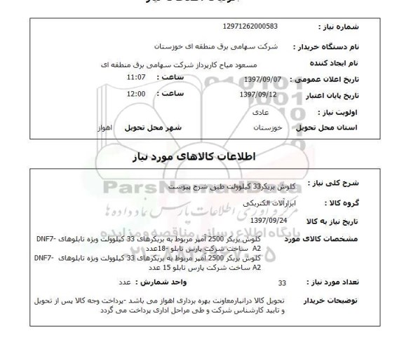 استعلام , استعلام کلوش بریکر 33 کیلوولت