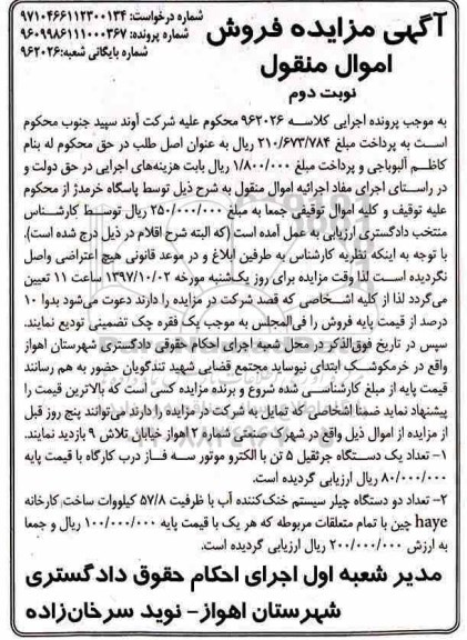 مزایده, مزایده یک دستگاه جرثقیل 5 تن با الکتروموتور سه فاز  و... نوبت دوم