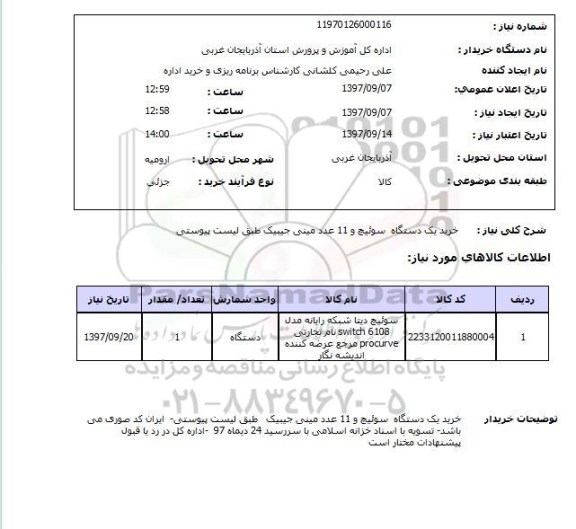 استعلام, استعلام خرید یک دستگاه سوئیچ و 11 عدد مینی جیبیک 