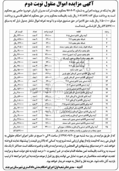 مزایده ، مزایده فروش آینه برقی ، شبکه جلو و...