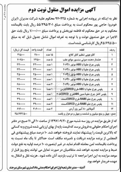 مزایده ، مزایده فروش کائو چوبی تنظیم کابل کلاج و...