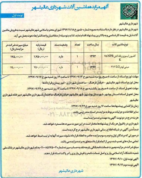آگهی مزایده, مزایده فروش ماشین آلات