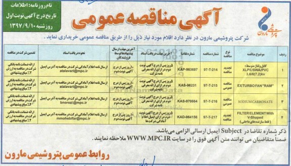 آگهی مناقصه عمومی, مناقصه کابل ولتاژ متوسط و ...