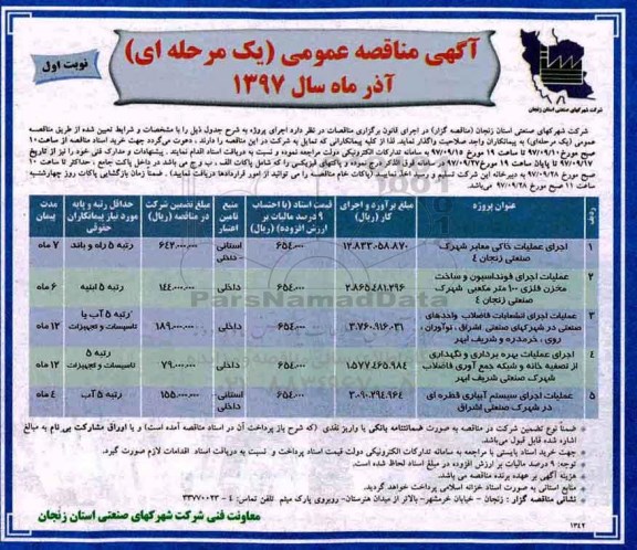 مناقصه عمومی ، مناقصه عملیات خاکی معابر شهرک صنعتی و...