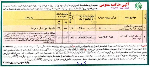 مناقصه عمومی خرید تجهیزات آبنماها و ... 