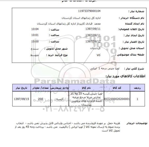 استعلام لوبیا چیتی درجه 1 ایرانی