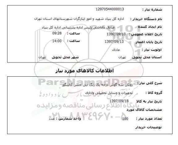 استعلام, استعلام زونکن سه گوش درجه یک رنگ آبی جنس کالینگور 