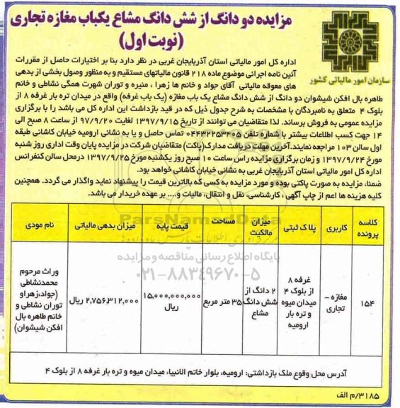 مزایده، مزایده دو دانگ از ششدانگ مشاع یکباب مغازه تجاری نوبت اول