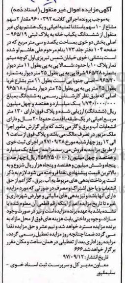 مزایده,مزایده ششدانگ یکبابخانه پلاک ثبتی 965.19