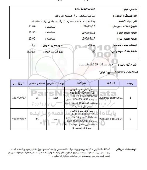 استعلام, استعلام خرید سرکابل 20 کیلوولت ...
