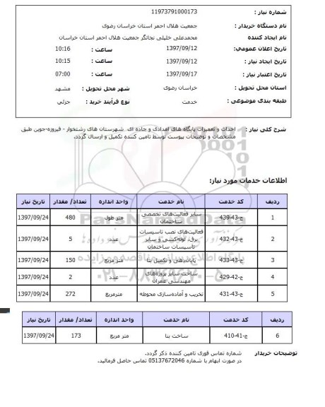 استعلام, استعلام احداث و تعمیرات پایگاه های امدادی و جاده ای