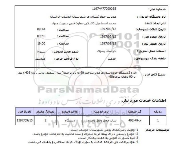 استعلام ، اجاره 2 دستگاه خودروسواری