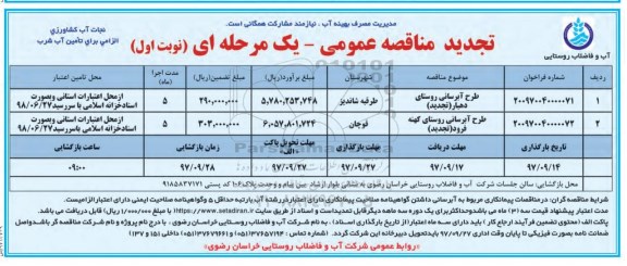 مناقصه تجدید مناقصه طرح آبرسانی 