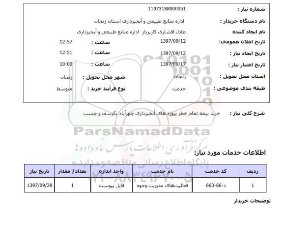استعلام, خرید بیمه تمام خطر پروژه های آبخیزداری