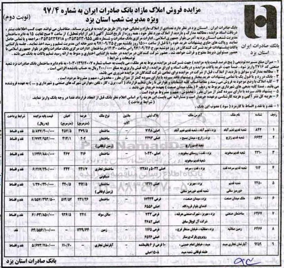 مزایده ،مزایده فروش املاک مازاد بانک صادرات شماره 97/4 نوبت دوم 