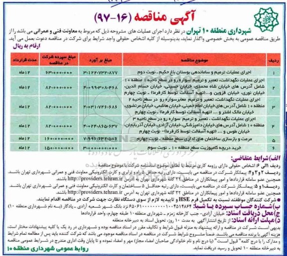 مناقصه, مناقصه اجرای عملیات ترمیم و ساماندهی  و...