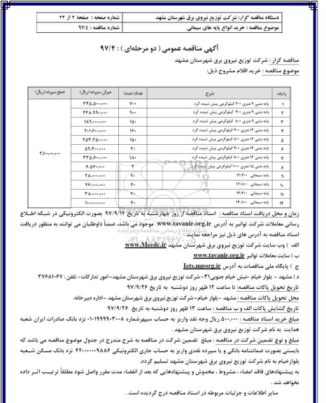مناقصه , مناقصه خرید انواع پایه های سیمانی 