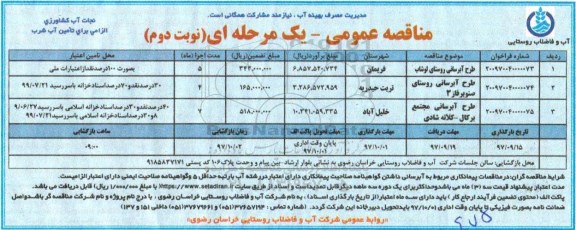 مناقصه , مناقصه طرح آبرسانی - نوبت دوم