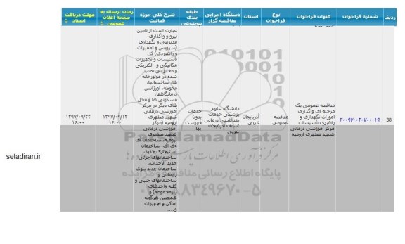 مناقصه عمومی, مناقصه  واگذاری امورات نگهداری و راهبری تاسیسات