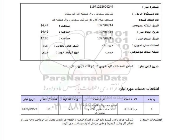استعلام,استعلام اصلاح لقمه های کلید هوایی 132 و 230 کیلو ولت تایپ SGF