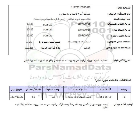 استعلام; استعلام عملیات اجرای پروژه برقرسانی...