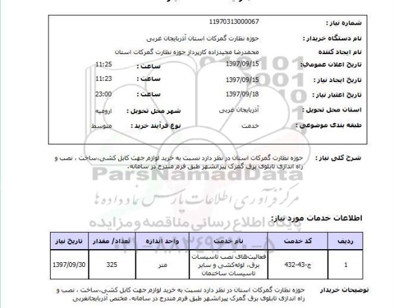 استعلام، استعلام لوازم جهت کابل‌کشی، ساخت نصب و راه اندازی تابلوی برق گمرک