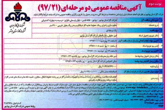 آگهی مناقصه عمومی , مناقصه مقاوم سازی و اجرای رینگ خطوط تغذیه گاز - نوبت دوم