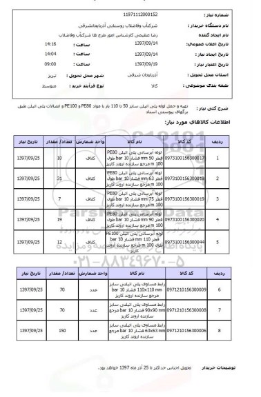 استعلام, استعلام تهیه و حمل لوله پلی اتیلن