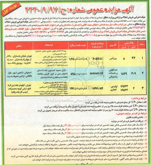 مزایده,مزایده فروش املاک مازاد با کاربری ورزشی و مسکونی و تولیدی