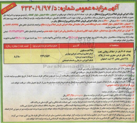 مزایده,مزایده فروش تعداد 406 باب از املاک