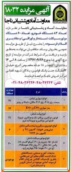 مزایده, مزایده تعداد 83 دستگاه خودرو، تعداد 60 دستگاه موتورسیکلت