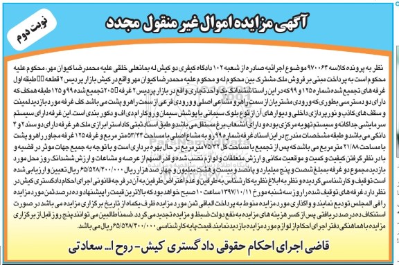مزایده,مزایده فروش ششدانگ یک واحد تجاری نوبت دوم