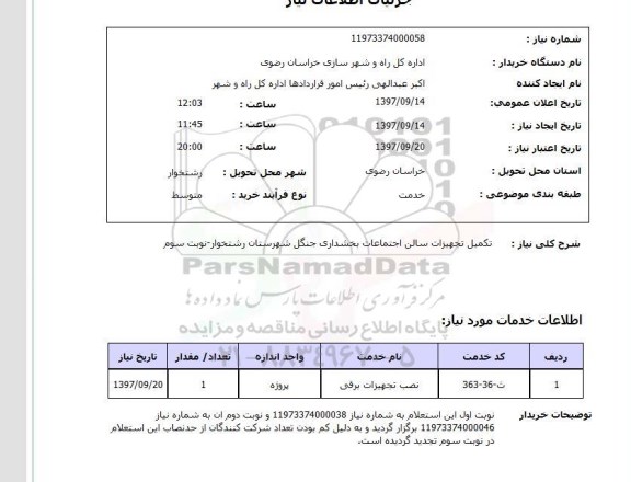 استعلام,تکمیل تجهیزات سالن اجتماعات