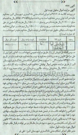 آگهی مزایده, مزایده تعداد 4400 مایع ظرفشویی جام چهار لیتری 