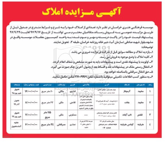 مزایده،مزایده فروش تعدادی از املاک کاربری اداری و مسکونی 