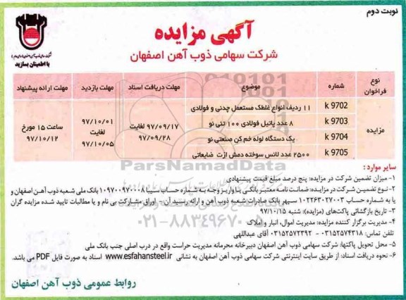 مزایده, مزایده 11 ردیف انواع غلطک مستعمل چدنی و فولادی نوبت دوم 