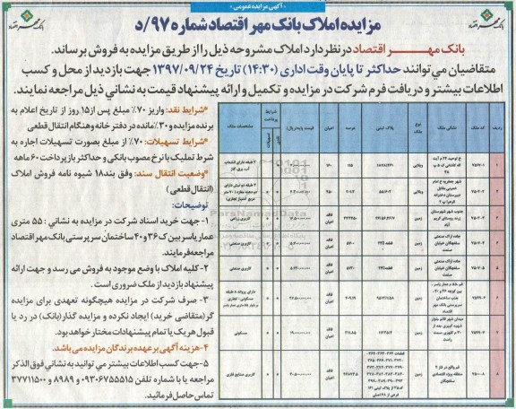 مزایده,مزایده فروش املاک کاربری ویلایی و زمین شماره 97/1