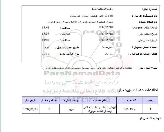 استعلام,قطعات و لوازم الحاقی لودر