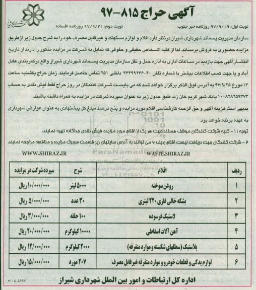 آگهی حراج, آگهی حراج اقلام و لوازم مستهلک و غیرقابل مصرف