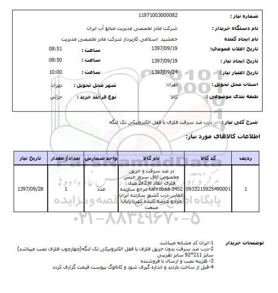 استعلام, درب ضد سرقت فلزی با قفل الکترونیکی تک لنگه  	 	