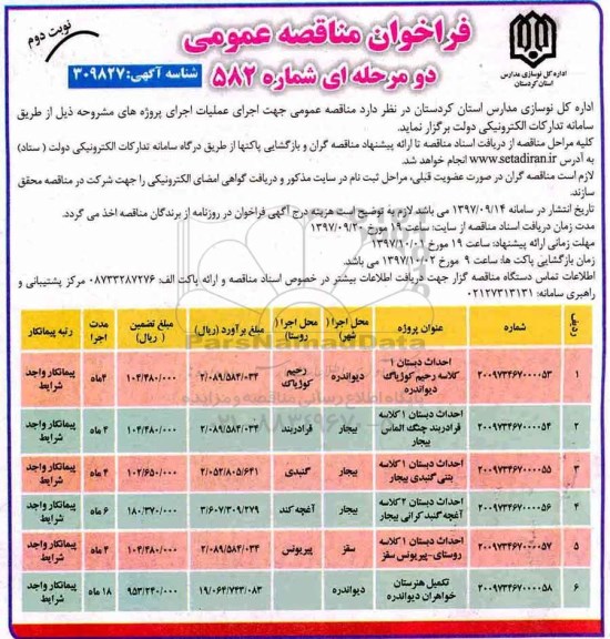 مناقصه ، مناقصه احداث دبستان یک کلاسه و... نوبت دوم