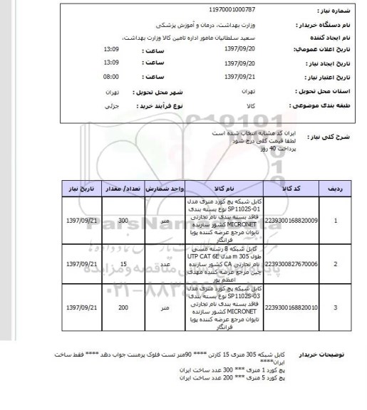استعلام کابل شبکه پچ کورد