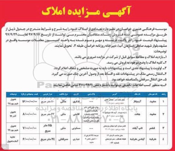 مزایده,مزایده فروش تعدادی از املاک کاربری اداری و مسکونی و تجارتی 
