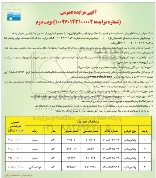 مزایده ، مزایده فروش تعدادی خودرو سبک مازاد بر نیاز - نوبت دوم